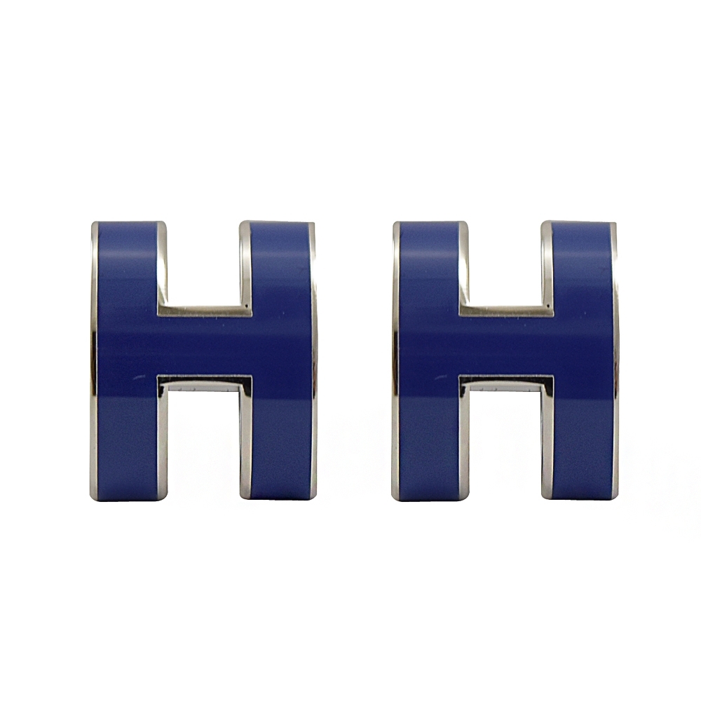 HERMES H POP款LOGO圓弧型耳環(銀/皇家藍)