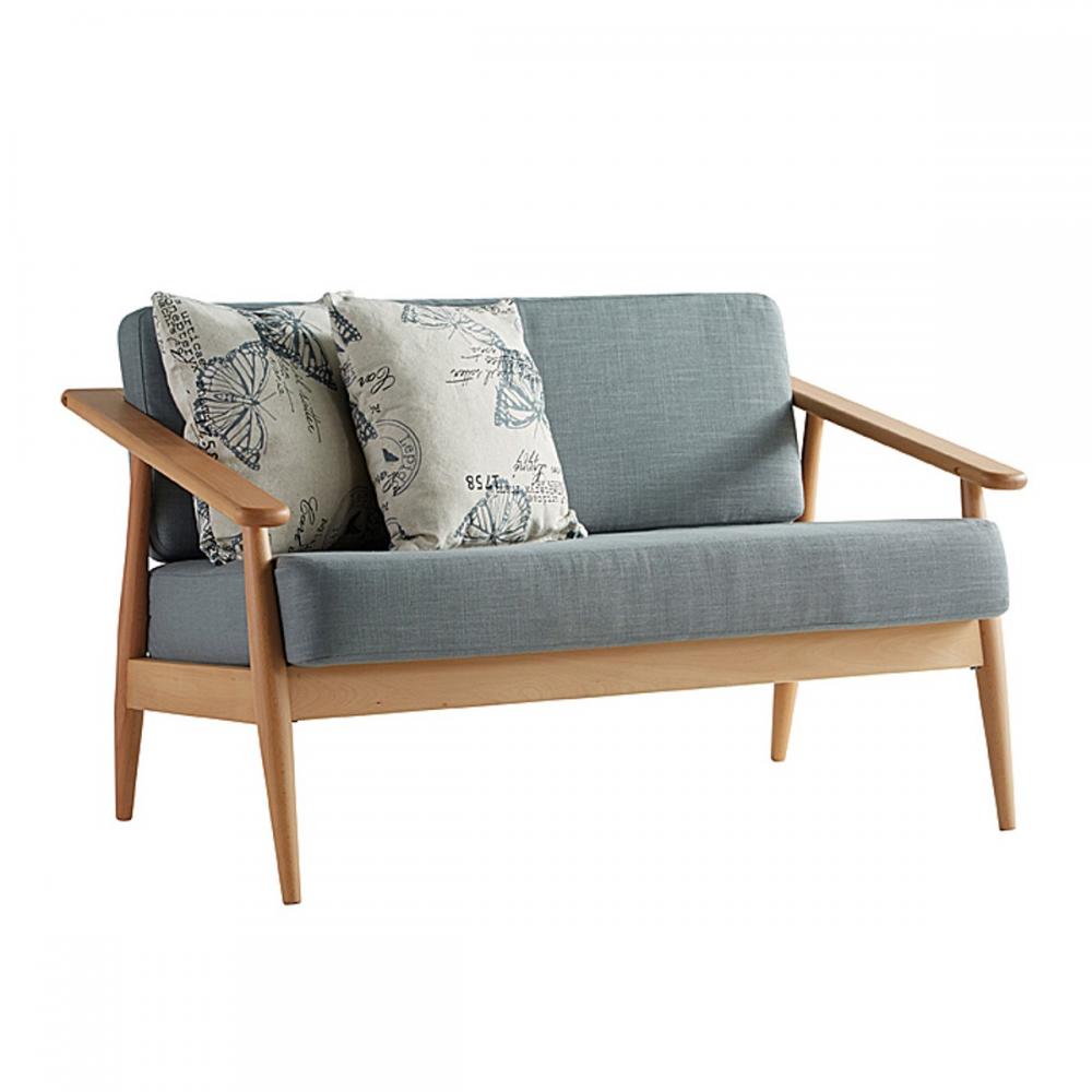 hoi! 北歐簡約自然實木框可拆洗二人座布沙發(附抱枕)-淺藍色 (H014226030)