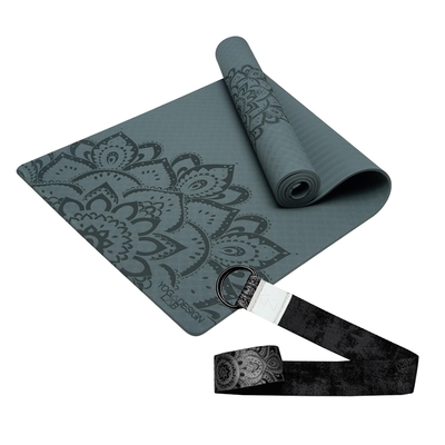 【Yoga Design Lab】Yahoo獨家組合 (Flow Mat TPE環保瑜珈墊 6mm - Charcoal + Yoga Straps 生態印花瑜珈繩 - Mandala Black)