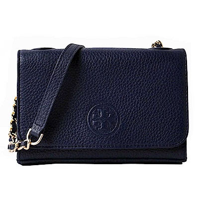 TORY BURCH BOMBE 縫線LOGO荔枝紋掀蓋式金屬鍊帶斜背包-藍(mini)