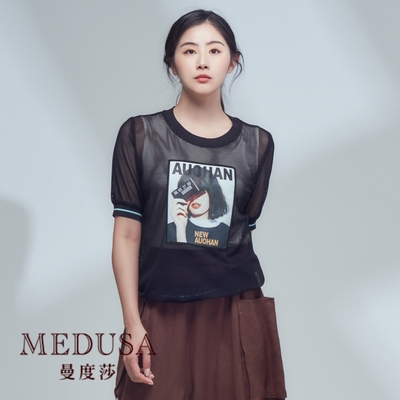 現貨【MEDUSA 曼度莎】網布透膚燙圖Tee（M-2L）｜女短袖上衣 休閒上衣