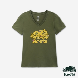 Roots女裝- OUTSIDERS BEAVER SLIM V-NECK 短袖T恤-暗綠