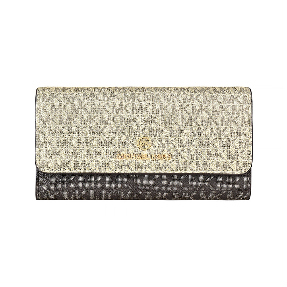 MK MICHAEL KORS  JET SET CHARM圓標LOGO撞色滿版印花PVC 16卡釦式三折長夾(深咖啡x淡金)