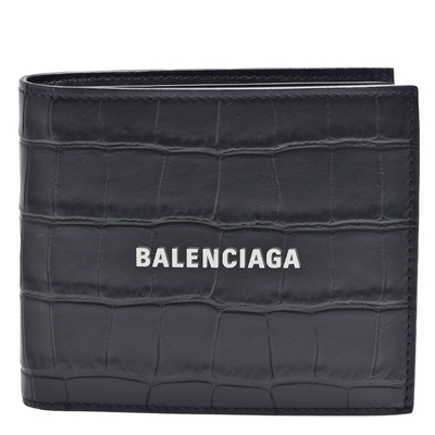 BALENCIAGA 經典品牌字母LOGO鱷魚壓紋牛皮對折短夾(黑色)