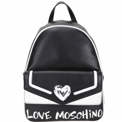 LOVE MOSCHINO 愛心塗鴉字母前袋設計皮革後背包(黑色)