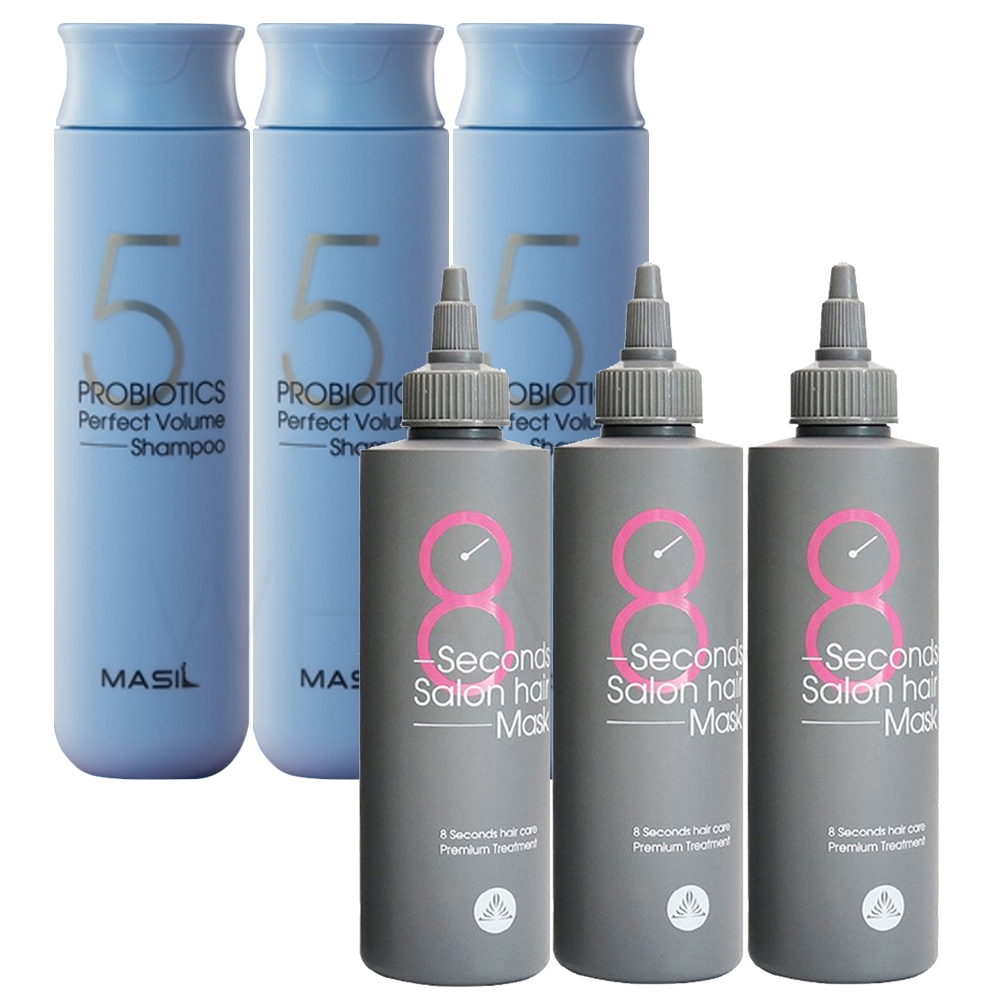 Masil 5采益生菌補水豐盈洗髮精+8秒沙龍縮時髮膜六件組(洗300mlx3+膜200mlx3)