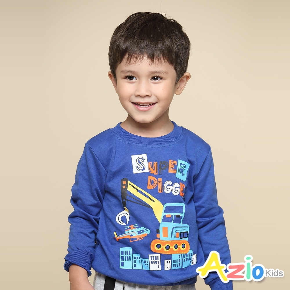 Azio Kids 男童 上衣 超級挖土機英文印花長袖上衣T恤(藍)