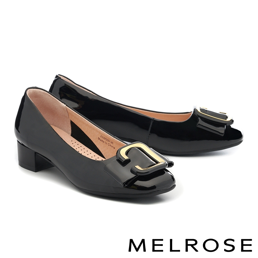 低跟鞋 MELROSE 美樂斯 質感優雅金屬飾釦牛漆皮方頭低跟鞋－黑