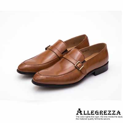 ALLEGREZZA-真皮男鞋-品味流露-鞋面飾釦復古皮紋便鞋  焦糖色