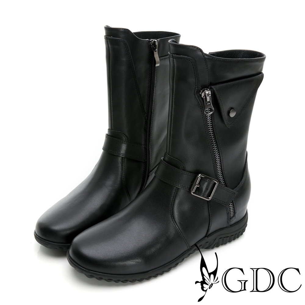 GDC-真皮率性側拉鍊舒適中筒機車楔型靴-黑色