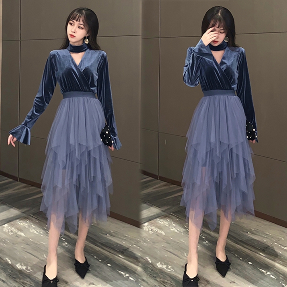 【韓國K.W.】甜心女孩雪紡收腰修身洋裝-2色