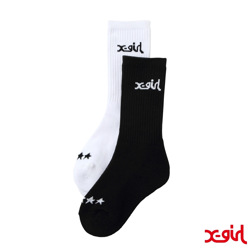 X-girl LOGO 2P MIDDLE SOCKS長襪(兩件組)-白/黑