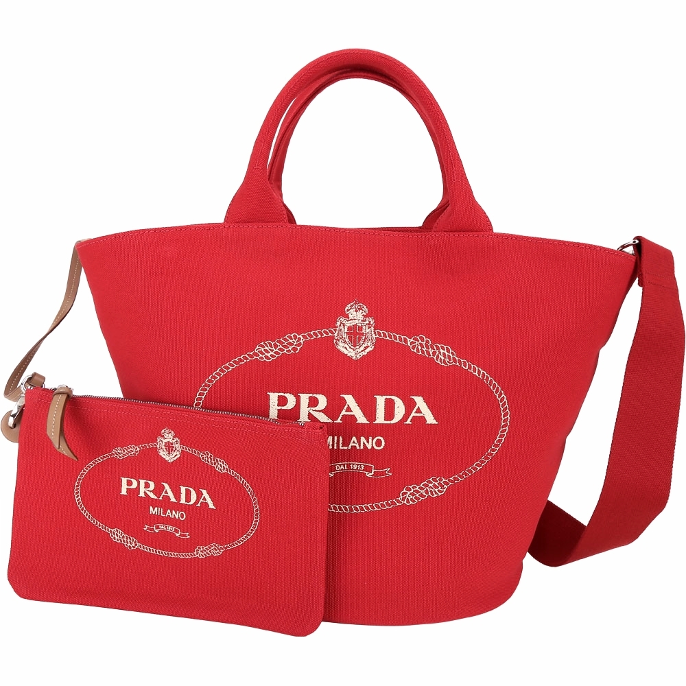 PRADA Giardiniera 中型單寧帆布印花兩用包(紅色)