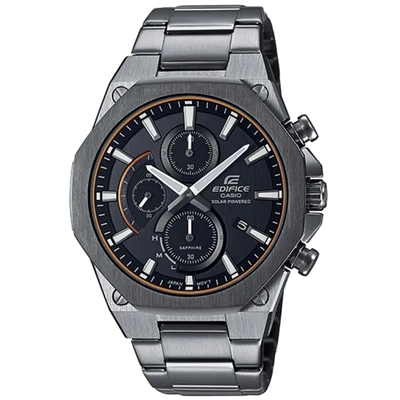 CASIO EDIFICE 八角髮絲紋錶圈太陽能三眼不鏽鋼腕錶-鐵灰(EFS-S570DC-1A)/44mm