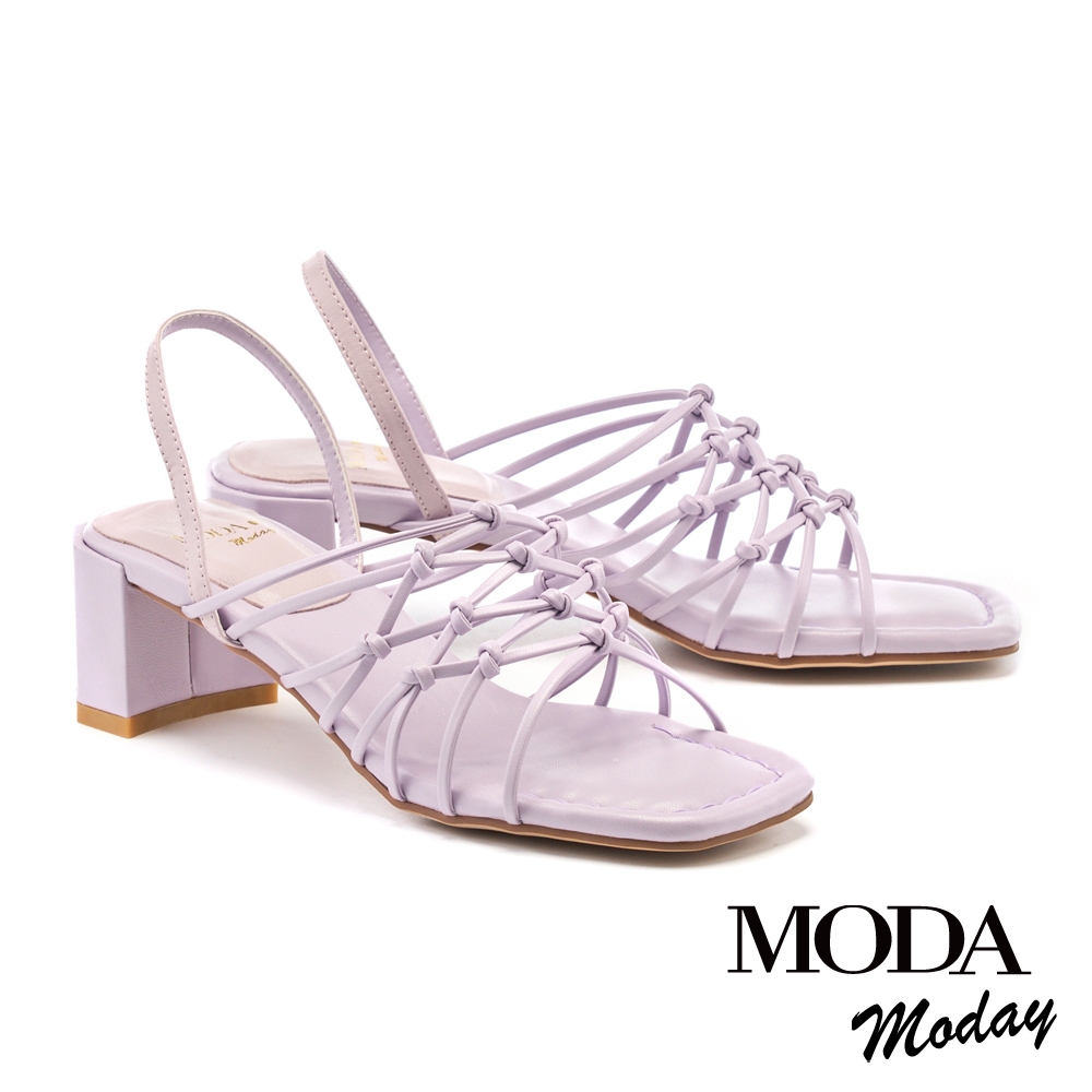 涼鞋 MODA MODAY  簡約交叉線條羊皮方頭粗跟涼鞋－紫