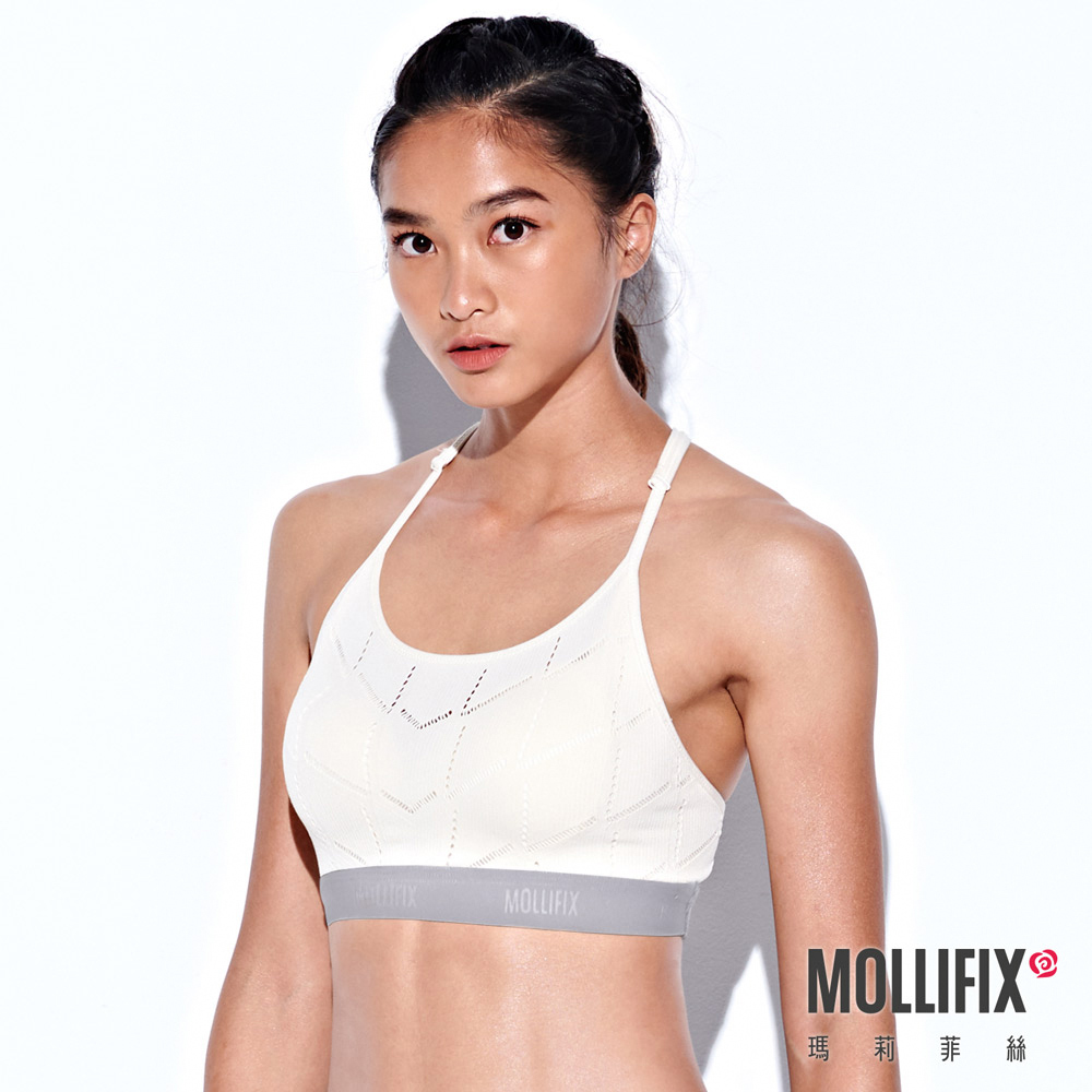 Mollifix 瑪莉菲絲 A++梯背LOGO織帶舒心BRA (白+淡灰)