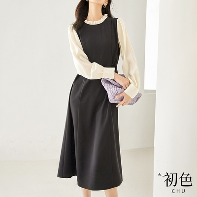 初色 簡約休閒拼接收腰花邊領長袖連身裙洋裝-黑色-32654(M-XL可選)