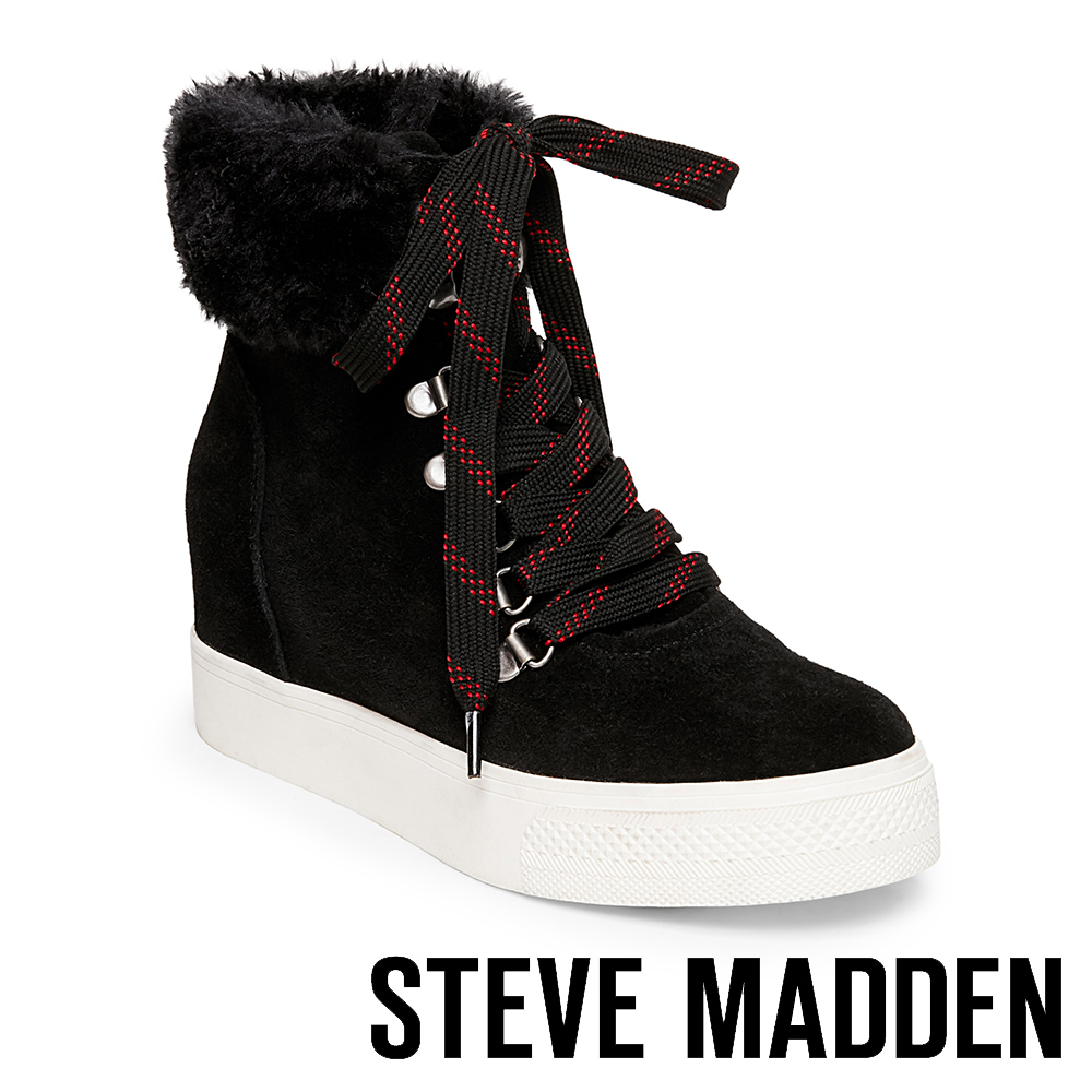 STEVE MADDEN-WINDY毛絨厚底綁帶短靴-絨黑