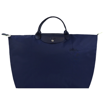 LONGCHAMP LE PLIAGE GREEN系列刺繡短把再生尼龍摺疊旅行袋(大/海軍藍)