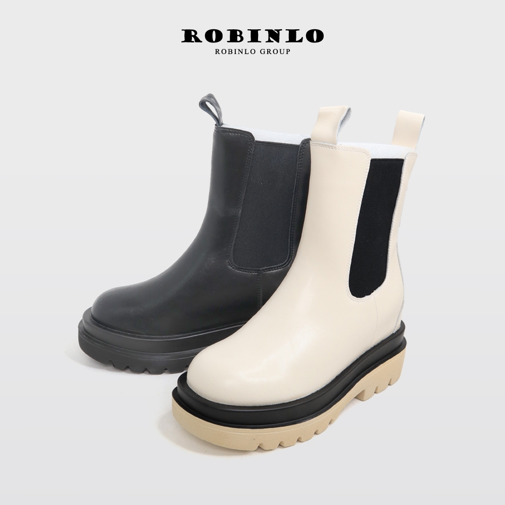 (時尚美靴)ROBINLO俐落顯瘦真皮厚底切爾西中筒靴 極簡黑/奶油白