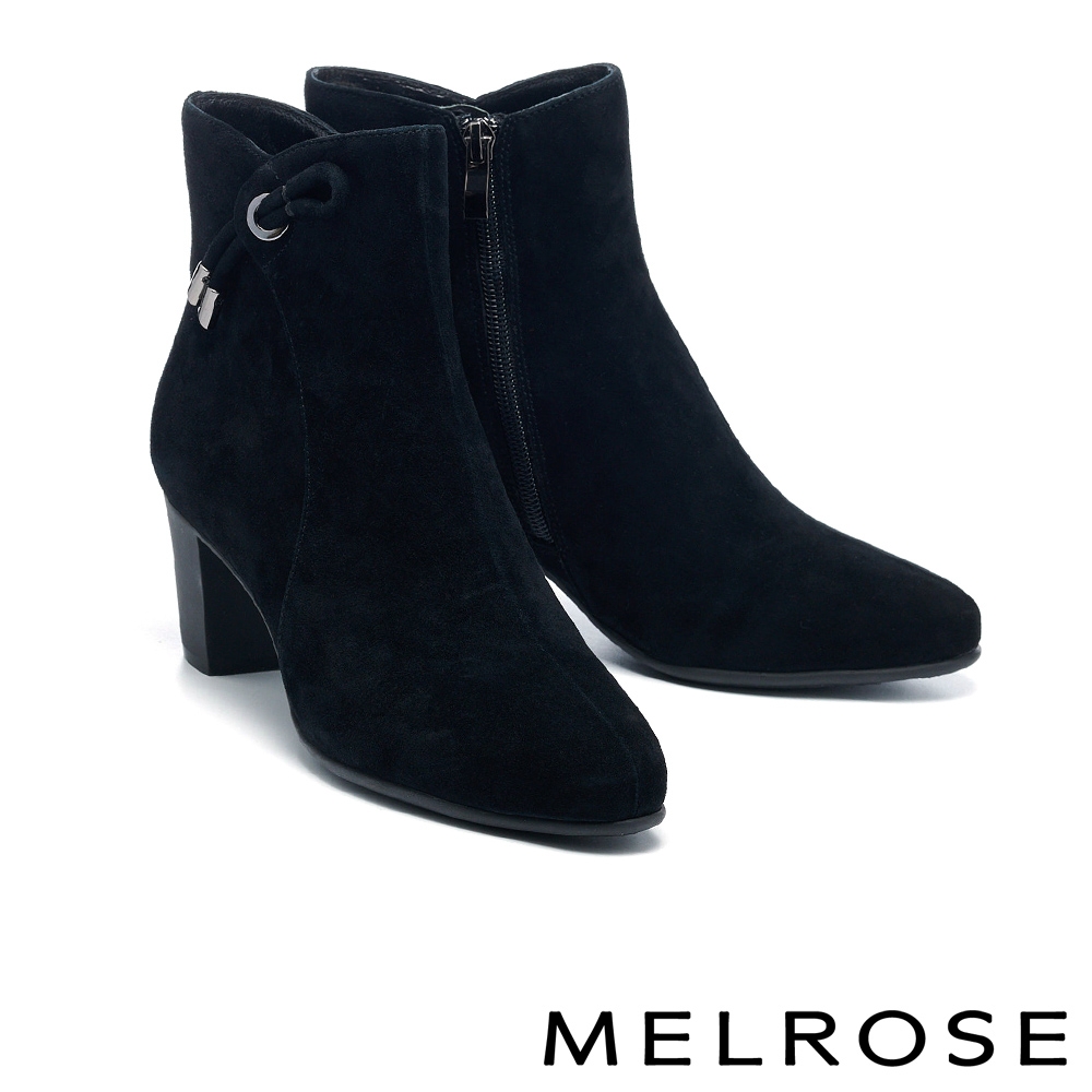 短靴 MELROSE 美樂斯 時尚魅力條帶造型羊麂皮高跟短靴－霧黑