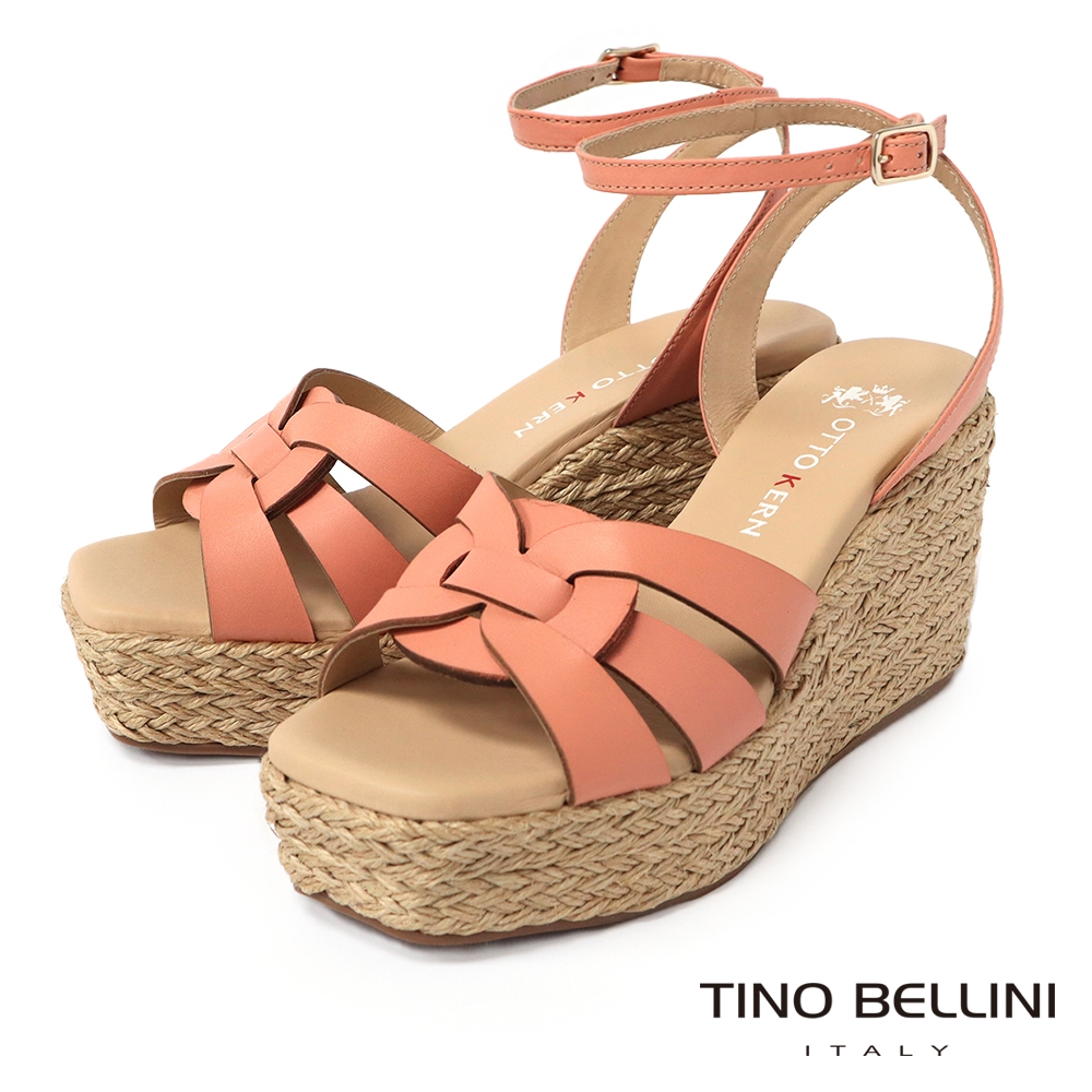 Tino Bellini 巴西進口夏氛優雅休閒繫踝草編楔型涼鞋-粉