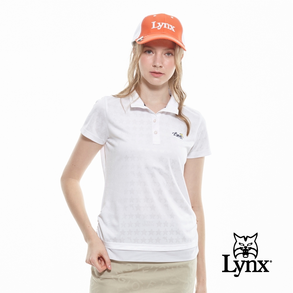 【Lynx Golf】女款吸濕排汗緹花亮光星星短袖立領POLO衫-白色