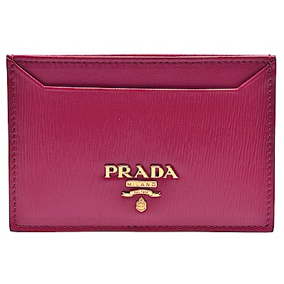 PRADA Saffiano經典金色浮雕LOGO直紋牛皮信用卡夾(槿紅)