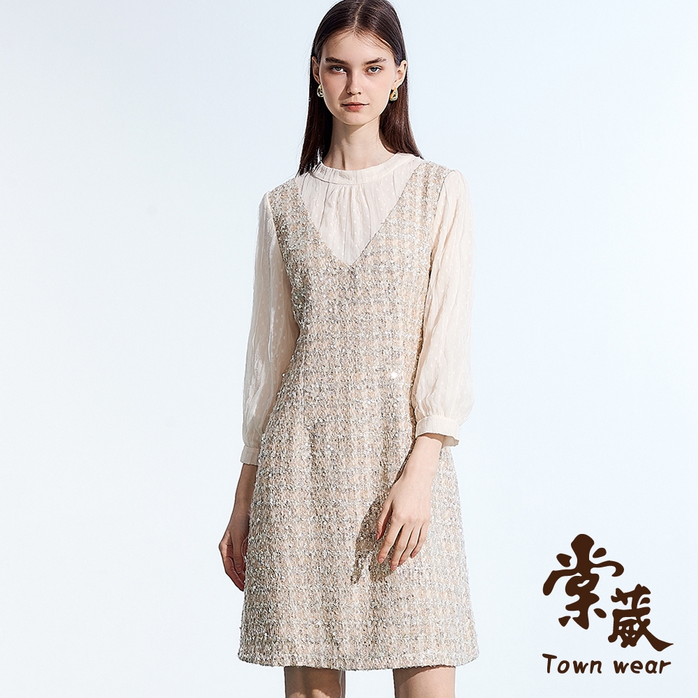 【TOWNWEAR棠葳】華麗亮片拼接棉質洋裝(洋裝/宴會/拉鍊/滿版/長袖)