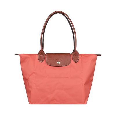 LONGCHAMP LE PLIAGE壓印LOGO尼龍經典摺疊款式長提把拉鍊托特肩背包(小/暈紅)