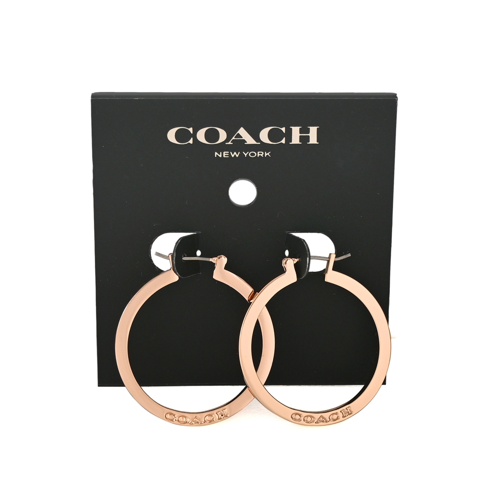 COACH玫瑰金刻字大圓框針式耳環