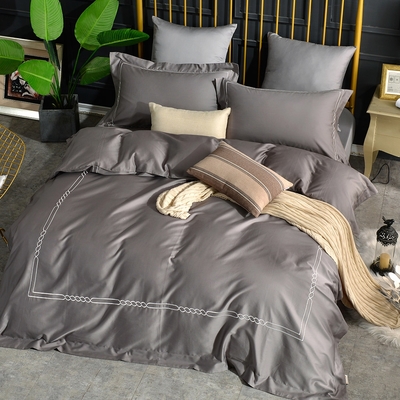 Betrise萊茵灰 純色系列 特大 頂級300織精梳長絨棉素色刺繡四件式被套床包組