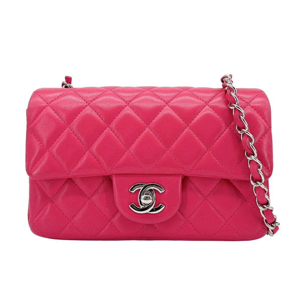 二手品 Chanel Mini Flap 銀雙C菱格小羊皮斜背鍊包-20cm(桃紅)