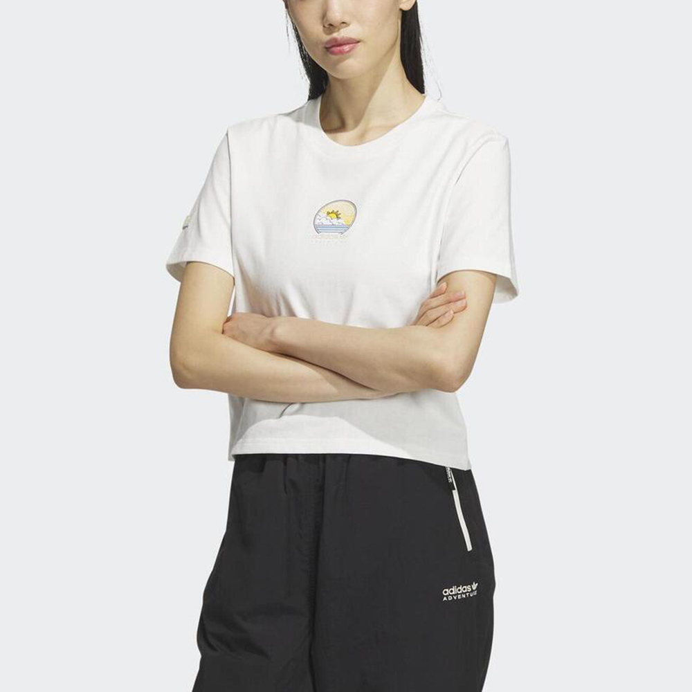 Adidas OD Tee 1 [IK8611] 女 短袖 上衣 T恤 短版 運動 休閒 日出 插畫 戶外風 穿搭 白