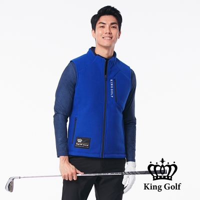 【KING GOLF】男款LOGO印圖保暖搖粒絨刷毛剪裁厚款無袖背心-藍色