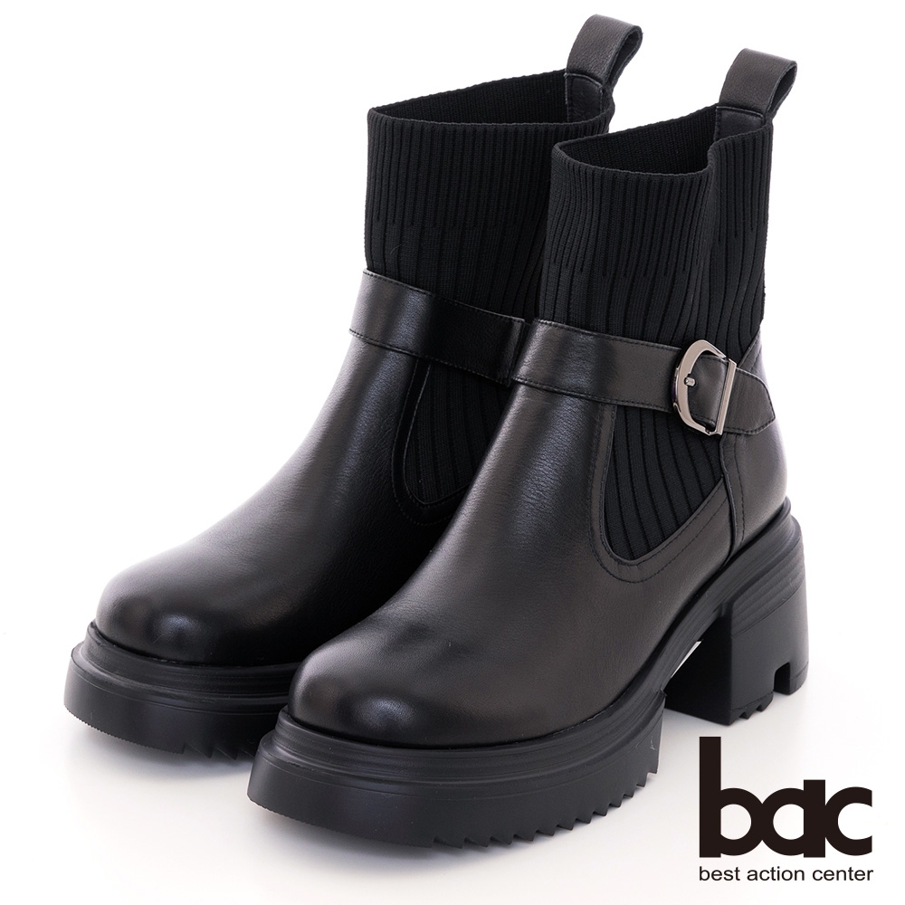 【bac】配色異材質厚底短靴-黑色