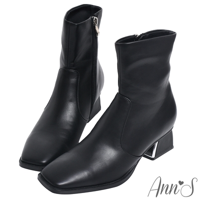 Ann’S造型電鍍梯形粗跟方頭短靴-黑(版型偏小)