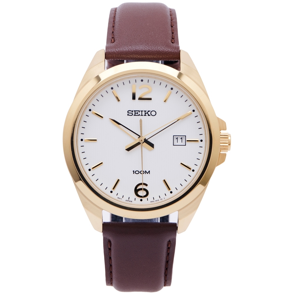 SEIKO 經典簡約款三針皮革錶帶款手錶 (SUR216P1)-白面X咖啡色/42mm
