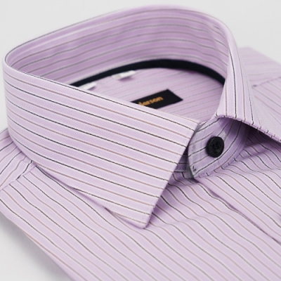 金安德森 粉紫黑條紋內領黑條黑釦窄版長袖襯衫