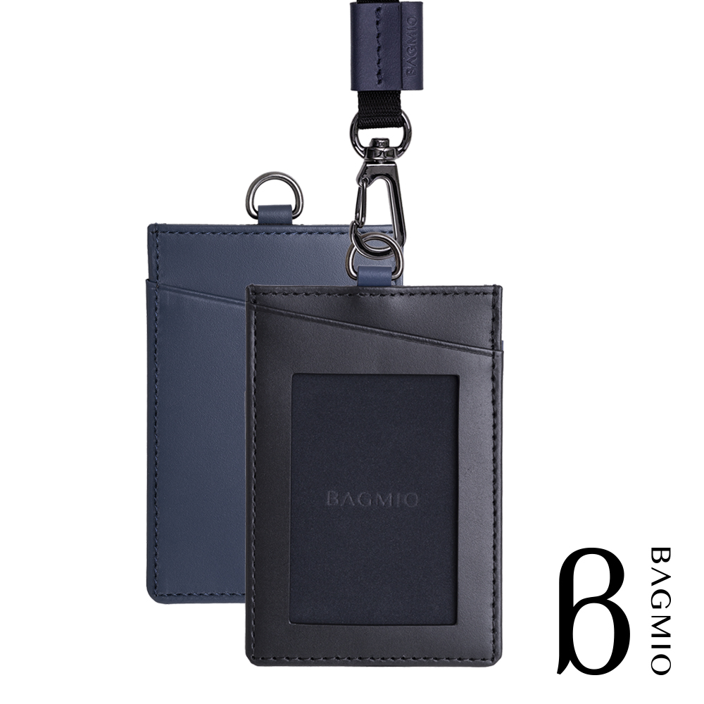 BAGMIO duet 雙色牛皮直式3卡證件套 黑藍 附織帶