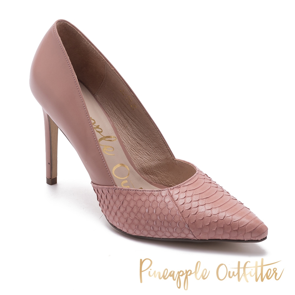 Pineapple Outfitter-PEONY 真皮拼接蛇紋尖頭高跟鞋-粉色