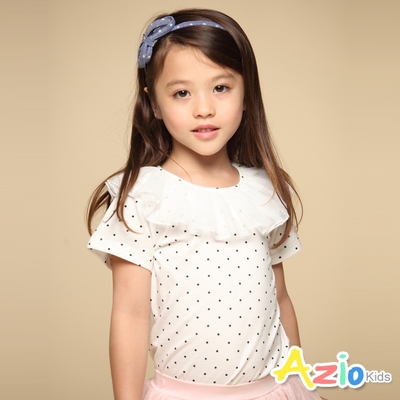 Azio Kids美國派 女童 上衣 滿版點點領口網紗造型短袖上衣(白)