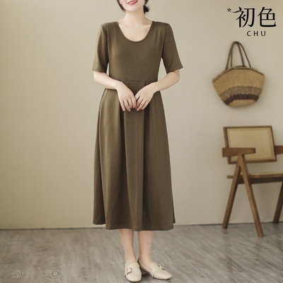 初色 簡約風短袖清涼感純色拼接針織顯瘦中長裙連身裙洋裝-共3色-68149(F可選)