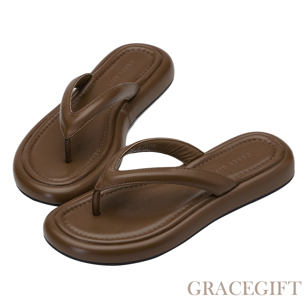 【Grace Gift】日系澎澎細帶夾腳拖鞋 棕
