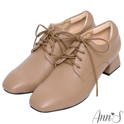 Ann’S簡單最真實-皮革素面綁帶方頭粗跟牛津鞋4cm-棕(版型偏小)