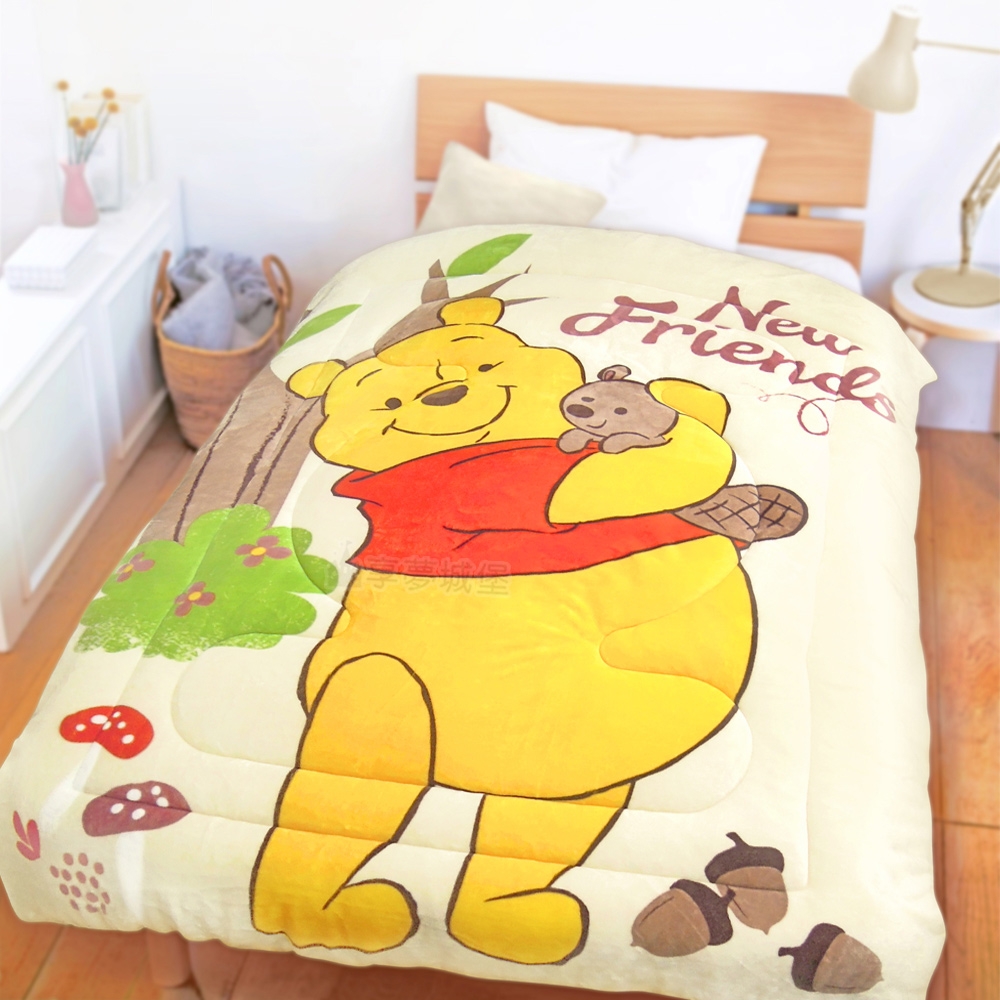 享夢城堡 法蘭絨暖暖毯被150x195cm-迪士尼小熊維尼Pooh 森林好友-米黃