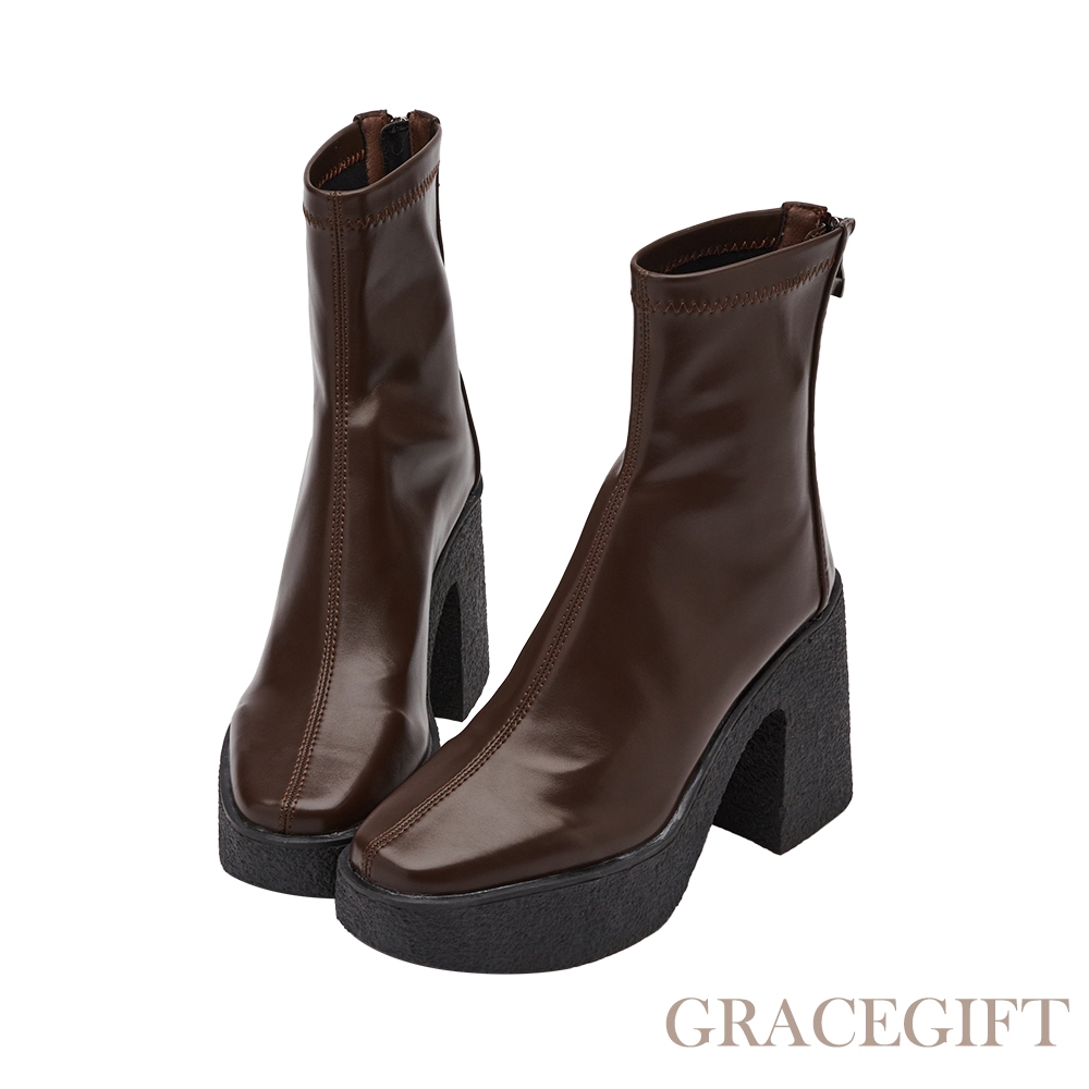 【Grace Gift】THREE-卡士達奶油皮革防水台高跟短靴 咖