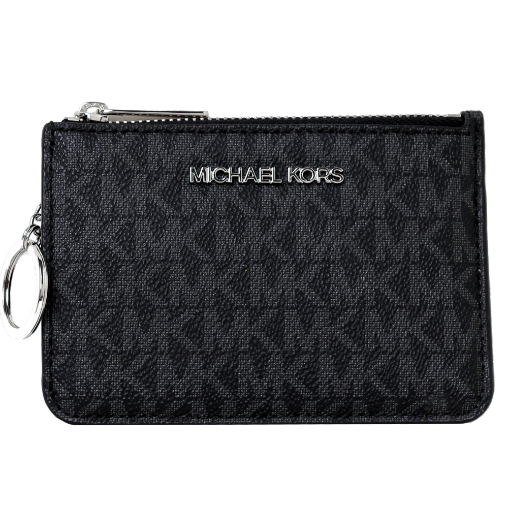 MICHAEL KORS JET SET卡片吊飾銀字LOGO滿版零錢包卡夾包-黑