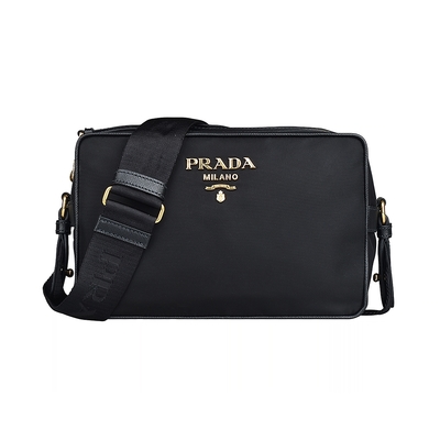 PRADA 普拉達 TESSUTO金字浮雕LOGO尼龍拉鍊斜背相機包(黑)