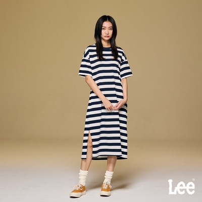 Lee 女款 條紋鈕扣收腰短袖圓領長版休閒洋裝 深藍